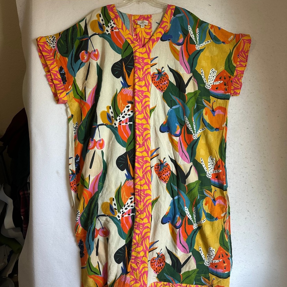 Palms Away Tropical Fruit Print Caftan Dress OS Pink Yellow LWD1812-RD
